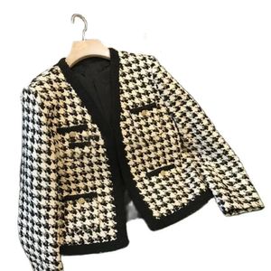 Houndstooth Tweed Blended Vintage damska kurtka krótkometrażowa Koreańska moda na długie rękawie kurtki dla kobiet 2024240304