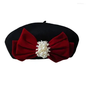 Berets Kobiet Jesień Zima czarna wełniana czapka malarz Big Velvet Bow Elegant Peals Fashion Sweet Artist Beret Hat