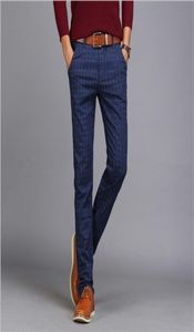 Bomullslinne Slim Fit Formal Plaid Suit Män Skinny Work Pants Office Wear Herrklänningsbyxor Khaki Black Grey Blue Y2010261019316