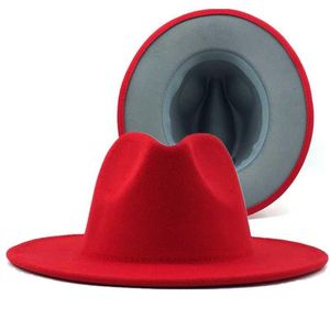 Wide Brim Hats Red With 60CM Gray Bottom Patchwork Panama Wool Felt Jazz Fedora Women Men Party Cowboy Trilby Gambler Hat294G