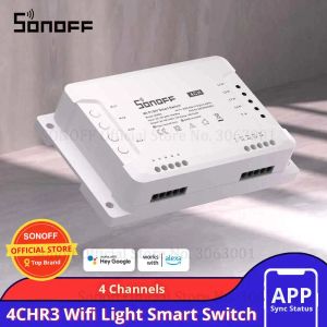 Control Sonoff 4CHR3 4 Gang Wifi Light Smart Switch, 4 Channels Electronic Switch IOS Android App Control, Works With Alexa Google Home