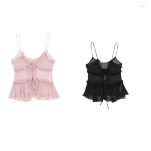 Kvinntankar flickor y2k rosa smala spets camisole 2024 sommar kvinnlig elegant v hals snörning kamisoler sexig se genom toppar