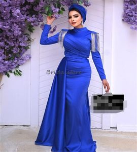 Fancy Royal Blue Arabic Evening Dress 2024 Elegant Muslim Mermaid Prom Dress With Tassle Long Sleeve Formal Birthday Party Gown Abayas Reception Robe Mariage 2024