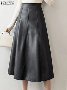 ZANZEA Spring Women PU Long Skirt Fashion Leather High Waist Office Elegan Midi Jupes Solid Waisted Party Falda 240227