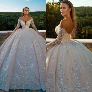Classic Ball Gown Wedding Dresses V Neck Long Sleeves Backless Bridal Gowns Sequins Appliques Sweep Train Princess Marriage Gowns Custom Made