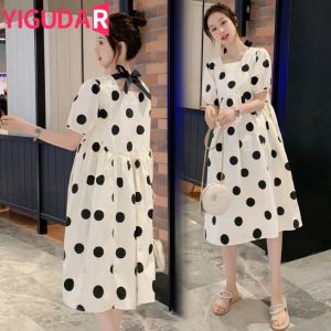 Vestidos de enfermagem vestido feminino verão elegante manga curta preto dot amamentação vestido longo para alimentação maternidade roupas de gravidez