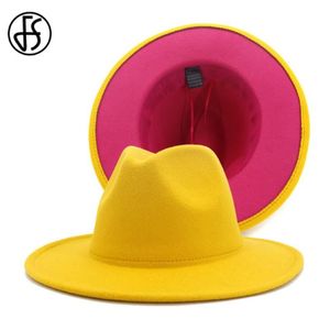 FS Yellow Rose Patchwork Wool Felt Jazz Fedora Hats Women Unisex Wide Brim Panama Party Trilby Cowboy Cap291s