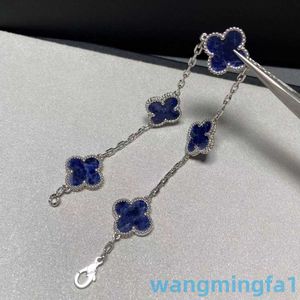 2024 Jewelry Designer Brand Vanl Cleefl Arpelsnatural Blue Peter Stone Four Leaf Gräs Fem Flower Armband Silver Versatile Thick Electropated Senior Live Girl Girl