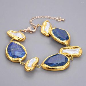 Link Bracelets Natural Stone Blue Lapis Bezel Set White Biwa Pearl Gold Color Plated Bracelet 8''