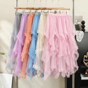 Skirts Tutu Tulle Long Skirt for Women 2023 New Summer Korean Aesthetic Cute Irregular Mesh High Waist Maxi Skirt Female Purple