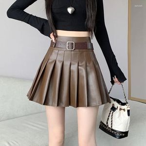Skirts High-waisted Stitching Loose Leather Fashion Versatile Black Pleated Skirt Solid Commuting Vintage Korean Women Clothing