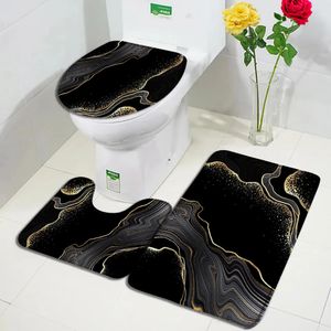 Schwarze Marmor-Badematten-Sets, goldgraue Linien, kreative abstrakte geometrische Kunst, Heim-Badezimmer-Dekor-Teppiche, rutschfeste Toilettendeckelabdeckung 240226