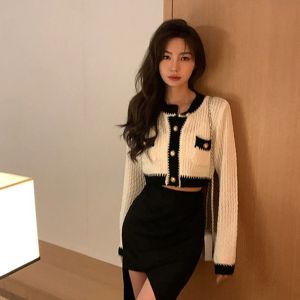 Cardigans Mexzt Cropped Cardigan Women Vintage Patchwork Knited Sweater Korean Eleganc Button Slim Knitwear Płaszcze Autuni Casual Scakers