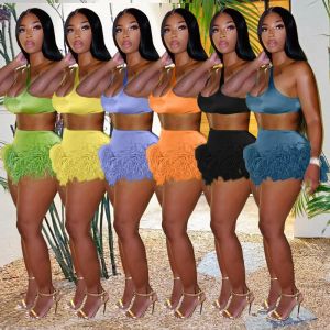 Shorts Adogirl Womens Outifits Beach Vacation 2 Two Piece Sets Sexy Solid Matching Suit Sleeveless Crop Top and Tassel Shorts Clubwear