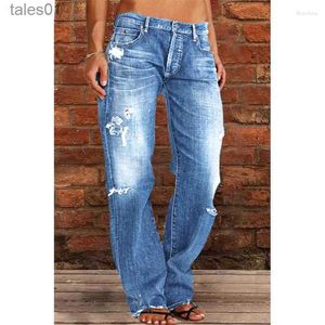 Женские джинсы Джинсы модные эластичные джинсовые брюки со средней талией и прямой строчкой, моющиеся с рваными отверстиями 240304