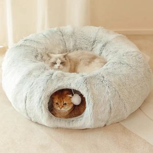 Mats 2 In 1 Soft Plush Cat Beds House Funny Cat Tunnel Toy Round Cat Dog Sleeping Bed Nest for Small Dogs Kittens Cushion Mat Kennel