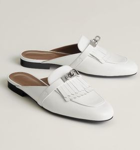 أنيقة العلامة التجارية للنساء Oz Sandals أحذية البلاديوم المطلية Kelly Buckle Mule Flats White Black Brown Lady Calfskin Leather Slippers Disual Calking EU35-42