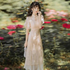 Kadınlar için Çin tarzı elbise yaz standı yakalı vintage ince bel dantel patchwork cheongsam bayanlar zarif qipao elbiseler