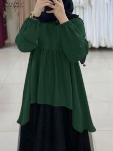 トップスザンゼアイスラム教徒の女性ブラウスビンテージ長袖非対称裾シャツドバイヒジャーブシャツラマダンターキーアバヤイスラム衣