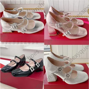 Designer di lusso Mary Jane Scarpe da donna in vera pelle tacco alto cinturino alla caviglia fibbia punta rotonda nuove ballerine scarpe moda fibbia con diamanti scarpe eleganti decorative