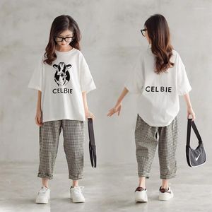 Clothing Sets Summer Casual Girls White T-Shirt Plaid Pant School Kids Top Tees Set Children 2 Pieces Outfits 5-16 Years