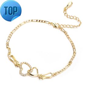 Women Summer Jewelry 18K Yellow Gold Plated CZ Double Hearts Anklet Chain Bracelet for Girls Women for Wedding Party