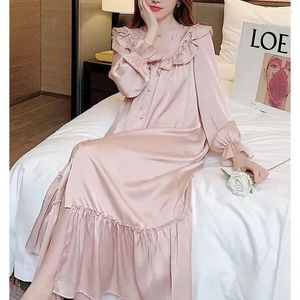 Mulheres sleepwear peça nightwear outono pijama manga babados noite sleepshirt womens home wear renda camisola vestido de cetim um longo