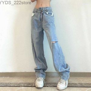 Jeans jeans trendiga raka kläder baggy brett ben asymmetriska denimbyxor klippta ut hål streetwear 240304