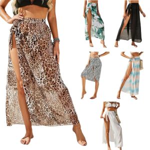 Cover-up Women Beach Sarong Swimsuit Cover Up Leopard Tie Waist Split Chiffon Wrap Skirt