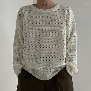 Herrenpullover, Streetwear, modisch, für Herren, einfarbig, aushöhlen, langärmelige Pullover, Herren-Strickwaren, Frühling, Vintage, gerippt, Rundhalsausschnitt