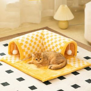 Mats Cat Tunnel Bed for Pets Cats 2in1 Cat Bed Play Tunnel Classic Plaid avtagbar varm katttunnel med skrapande bollkatter säng