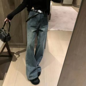 denim jeans womens jeans high waist loose wide leg pants fashion casual letters padded flared pants Slim thin long leg women's pants