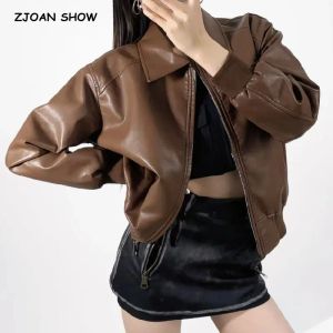 Jackor 2023 American Retro Cool Women Vintage Pu Leather Jacket Fashion Zipper Full Sleeve Coat Loose Short Outwear Black Brown