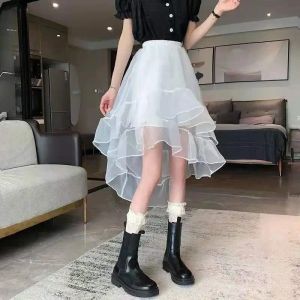 Skirts Korean Style New Black Mesh Midi Skirt Women Multilayer Irregular Grunge White Midi Skirts Punk Korean Fashion Gothic Clothes