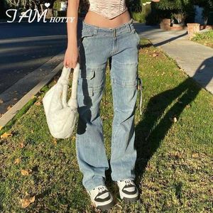 Women's Jeans Pockets Belt Patched Street Style Fashion Jeans Waist Baggy Oversize Denim Pants Trousers Iamty 240304