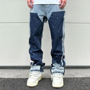 Streetwear Speckled Ink Color Match Y2K baggy jeans för män Patchwork Rage Fringe Micro Denim Byxor Överdimensionerade lösa Cargos 240227