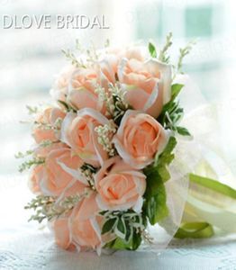 Wysokiej jakości brzoskwiniowy bukiet róży 18 kwiaty Bridal Throw Flowal zielone liście ślub 100 ręcznie robiony bukiet druhny z R9775799