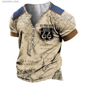 Мужские футболки Vintage Henley Shirt V-образным вырезом American 66 Route Футболка с коротким рукавом Футболка для мужчин Негабаритные топы Футболка Мужская уличная одежда в стиле панк L240304