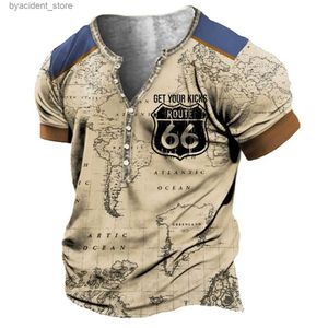 Homens camisetas Vintage Henley Camisa V-Pescoço Americano 66 Route Camiseta Manga Curta Camiseta Para Homens Oversized Tops Camiseta Homens Punk Streetwear L240304