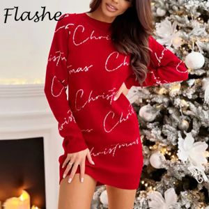 Kleid Weihnachten Pullover Kleid Frauen O Hals Langarm Gestrickte Mini Kleid Rot Herbst Winter Brief Drucken Weihnachten Kleider für Frauen