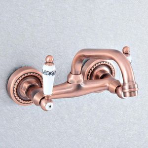 Bathroom Sink Faucets Antique Red Copper Wall Mounted Faucet Swivel Spout Bathtub Mixer Dual Handles Nsf872