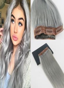 5 Clips One Piece Clip In Human Hair Extensions With Lace Straight Brazilian Virgin Hair Pure Color Silver3702646