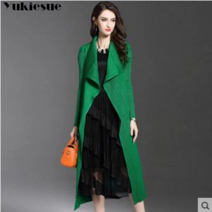 Trench primavera fino à prova de vento outerwear feminino trench coats plissado manga longa frente aberta elegante trabalho de escritório longo espanador casaco cardigan