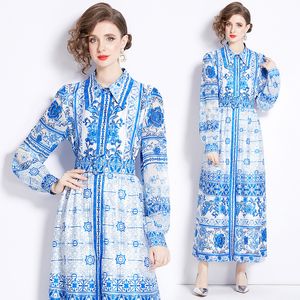 Woman Print Vintage Cardigan Button Maxi Dress Long Sleeve Designer Elegant Slim Belted Retro Floral Dresses Lapel Neck Office Casual Party Clothes Frocks Spring