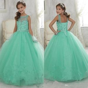 2019 Bonito Menta Verde Meninas Pageant Vestidos Tule Sheer Crew Neck Cristais Frisados ​​Corset Voltar Flor Meninas Aniversário Princesa4719247