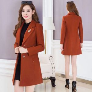 Blends Spring and Autumn Coat Female Woolen Jacket Long Slim Plus Cotton 2023 New Woolen Jacket Women's Coats Lady Clothing