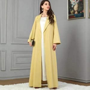 Roupas étnicas Moda Modest Abaya Kimono Dubai Muçulmano Cardigan Jaqueta de lapela amarela para Ramadan Casual Robe Feminino Islam Roupas 3799
