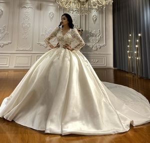 2024 Elegant Satin Wedding Dress For Brides V-Neck Long Sleeves Sequins Beading Bridal Gowns Arabic Dubai Vestidos De Novia Custom Made