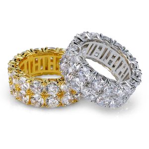 Männer Gold Ring Zirkonia Verlobungsdiamant Ringe 8mm Iced Out 2 Reihen Rundschliff Eternity Chunky Ring Unisex Hip Hop Schmuck