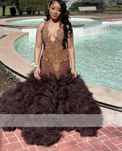 Brown Long Sparkly Diamonds Prom Dress 2024 Beads Crystals Rhinestones Tiered Ruffles Glitter Birthday Party Gowns for Black Girl